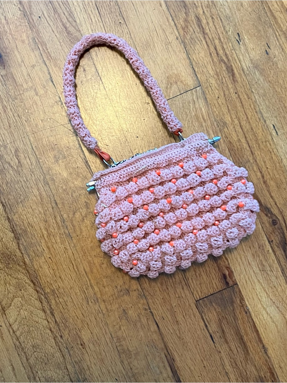 Vintage Pink Crochet Mini Bag with Coral Bead Accents